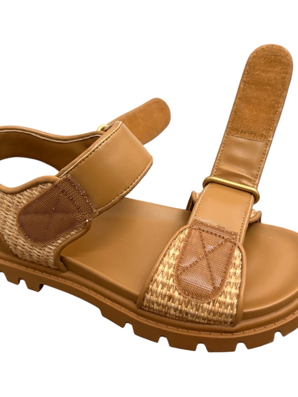 NWT Coach Brynn Raffia Sandals Natural Straw Gold Hardware Velcro Straps Size 5 - Picture 10 of 11